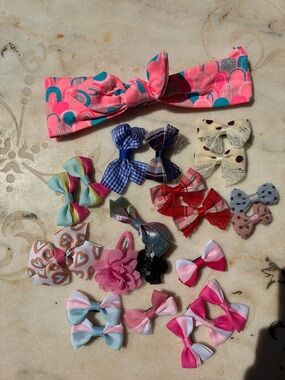 Girls Pink Patterned Headband with Multicolor Bow Set 22 pc